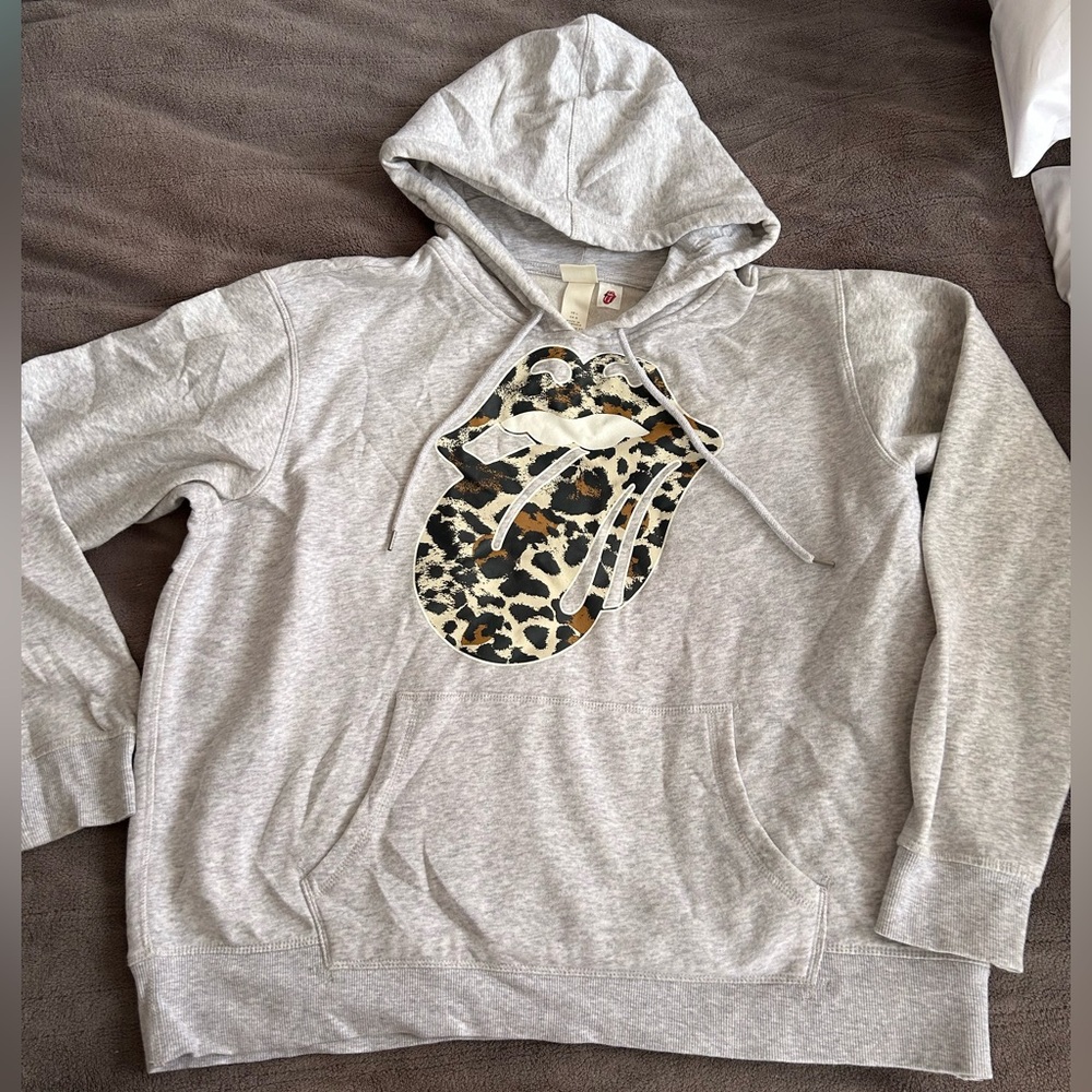 H&M Rolling Stones Collaboration SWEATSHIRT Grey Hoodie Leopard Tongue Lips L